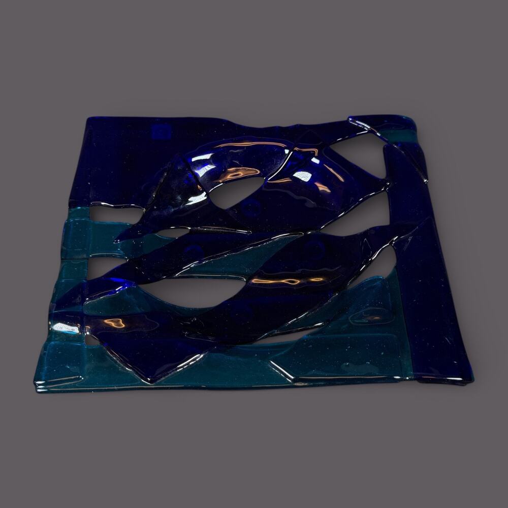 Marriott Studio Art Fused Glass Decorative Plate Blue Teal Abstract Modern